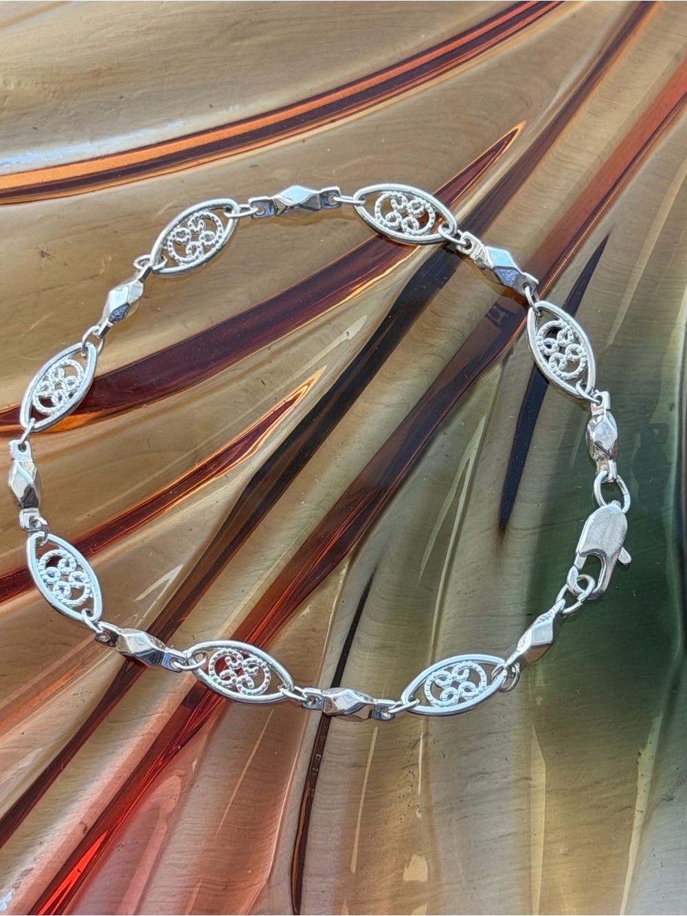 Vintage Sterling Silver 925  Oval Fine Filigree Link Bracelet